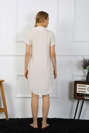 Angelino Underwear Women's Cotton Linen Short Sleeve Buttoned Cream Tunic Nightgown 13108 - 5