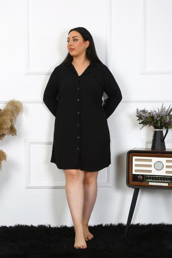 Angelino Underwear Women's Large Size Cotton Buttoned Long Sleeve Black Tunic Nightgown 12204 - 2