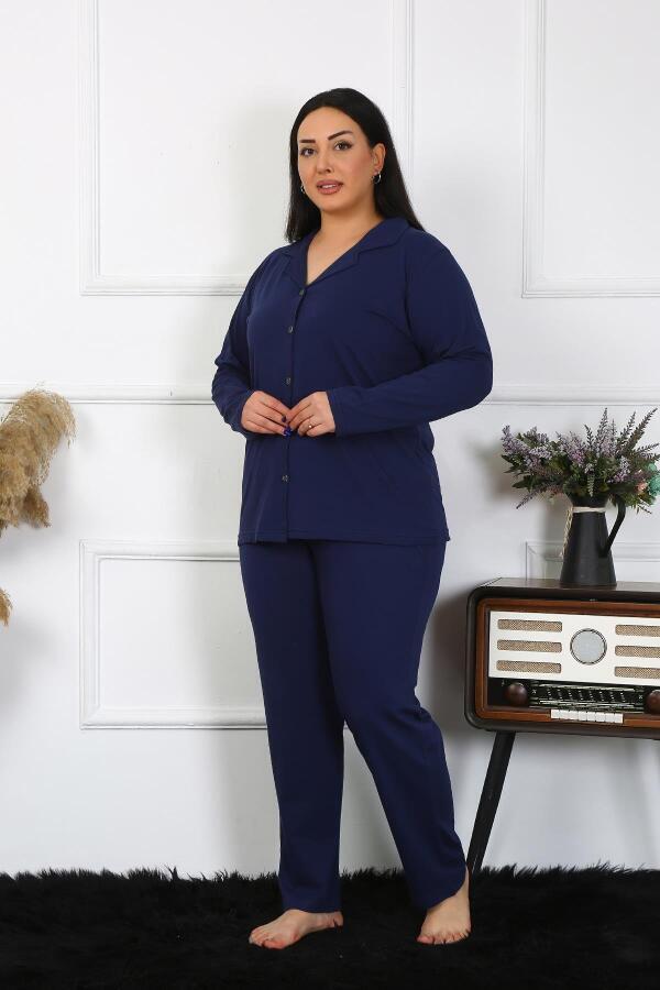 Angelino Underwear Women's Large Size Cotton Pocket Buttoned Navy Blue Pajama Set 202401 - 1