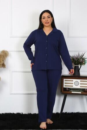 Angelino Underwear Women's Large Size Cotton Pocket Buttoned Navy Blue Pajama Set 202401 - 2