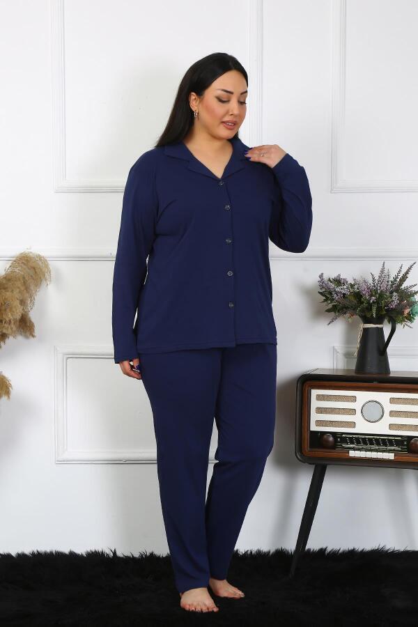 Angelino Underwear Women's Large Size Cotton Pocket Buttoned Navy Blue Pajama Set 202401 - 3