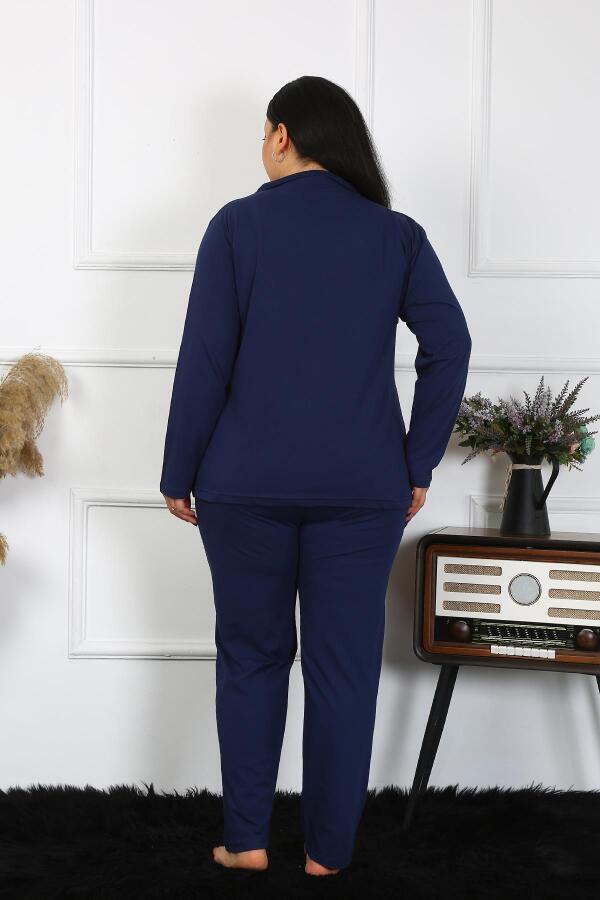 Angelino Underwear Women's Large Size Cotton Pocket Buttoned Navy Blue Pajama Set 202401 - 4