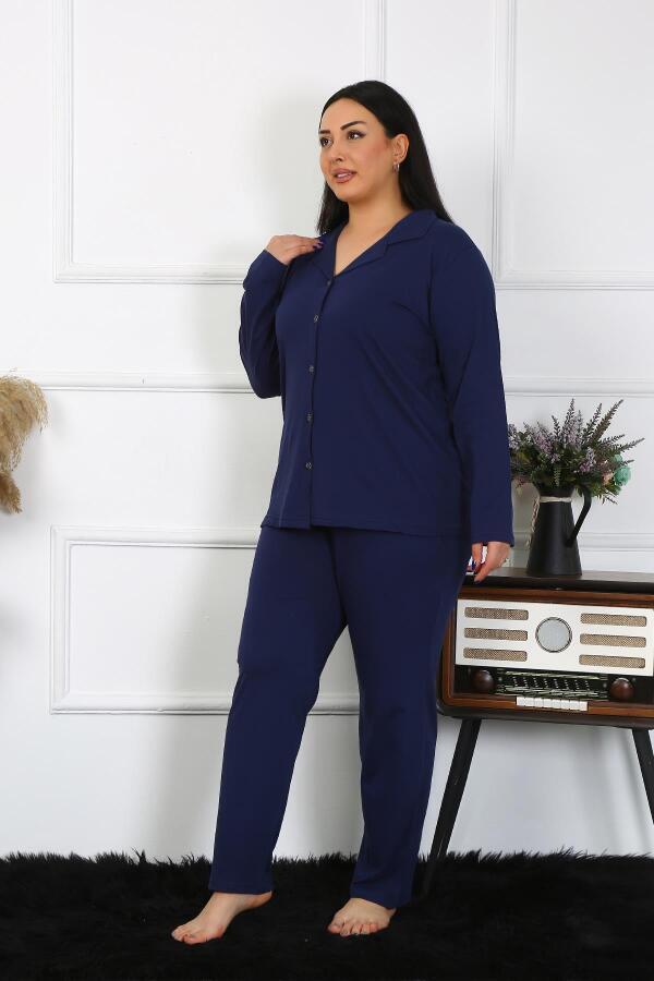 Angelino Underwear Women's Large Size Cotton Pocket Buttoned Navy Blue Pajama Set 202401 - 5