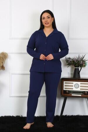 Angelino Underwear Women's Large Size Cotton Pocket Buttoned Navy Blue Pajama Set 202401 - 6