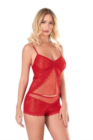 Kırmızı Jakarlı Babydoll Şort Takımı - 2