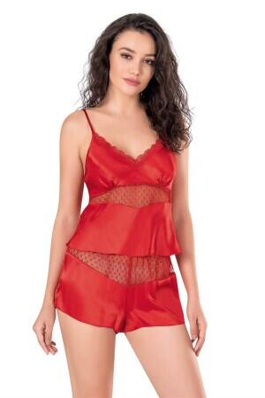 Kırmızı Saten Babydoll Şort Takımı - 2