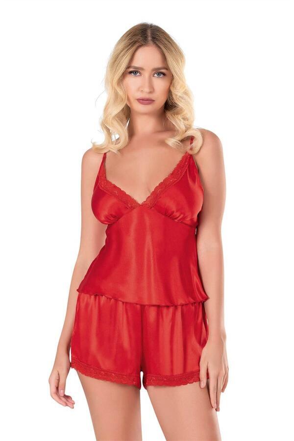 Kırmızı Saten Babydoll Şort Takımı - 1