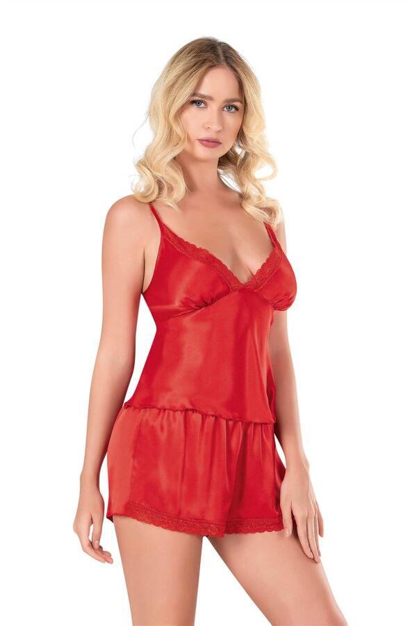 Kırmızı Saten Babydoll Şort Takımı - 2