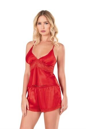 Kırmızı Saten Babydoll Şort Takımı - 2