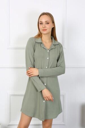 Angelino Underwear Women's Combed Cotton Long Sleeve Buttoned Khaki Tunic Nightgown 13103 - 1