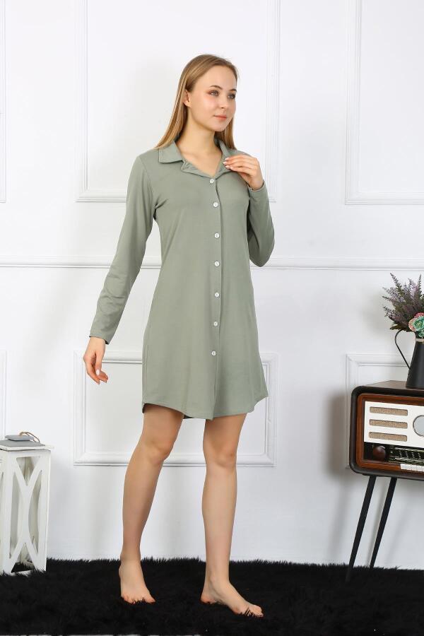 Angelino Underwear Women's Combed Cotton Long Sleeve Buttoned Khaki Tunic Nightgown 13103 - 3