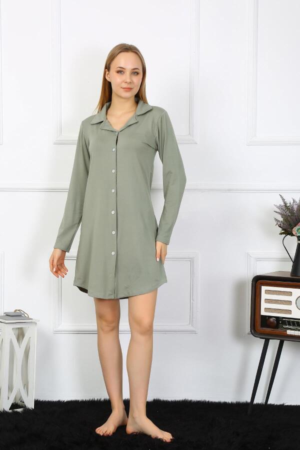 Angelino Underwear Women's Combed Cotton Long Sleeve Buttoned Khaki Tunic Nightgown 13103 - 4