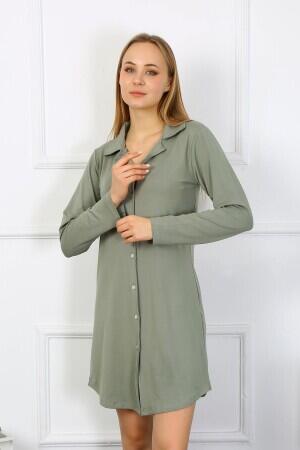 Angelino Underwear Women's Combed Cotton Long Sleeve Buttoned Khaki Tunic Nightgown 13103 - 5