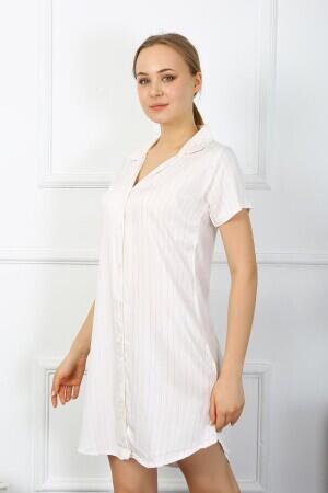 Angelino Underwear Women's Combed Cotton Short Sleeve Buttoned Ecru Tunic Nightgown 13107 - 2