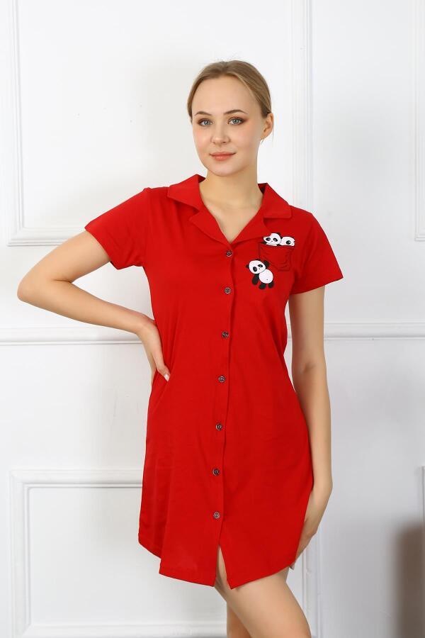 Angelino Underwear Women's Cotton Combed Short Sleeve Buttoned Red Tunic Nightgown 13109 - 4