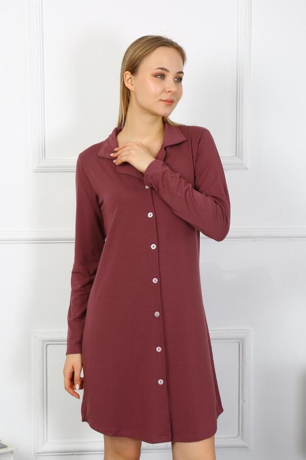 Angelino Underwear Women's Combed Cotton Long Sleeve Buttoned Plum Tunic Nightgown 13103 - 1