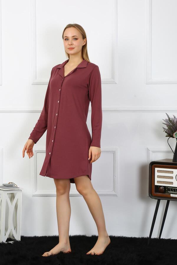 Angelino Underwear Women's Combed Cotton Long Sleeve Buttoned Plum Tunic Nightgown 13103 - 5