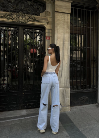 Arkadan Yırtmaçlı Jeans Kot Palazzo Pantolon - Mavi - 4