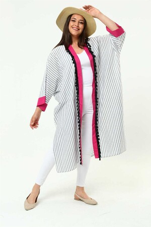 Back Printed Striped Plus Size Kimono White-Grey - 1