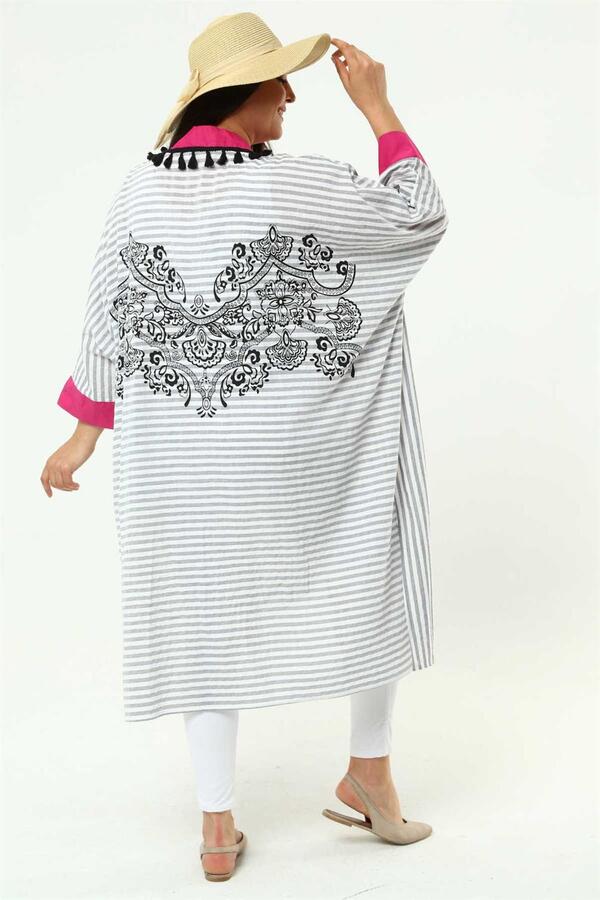 Back Printed Striped Plus Size Kimono White-Grey - 2