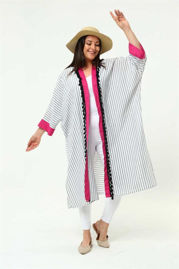 Back Printed Striped Plus Size Kimono White-Grey - 3