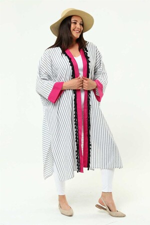 Back Printed Striped Plus Size Kimono White-Grey - 4