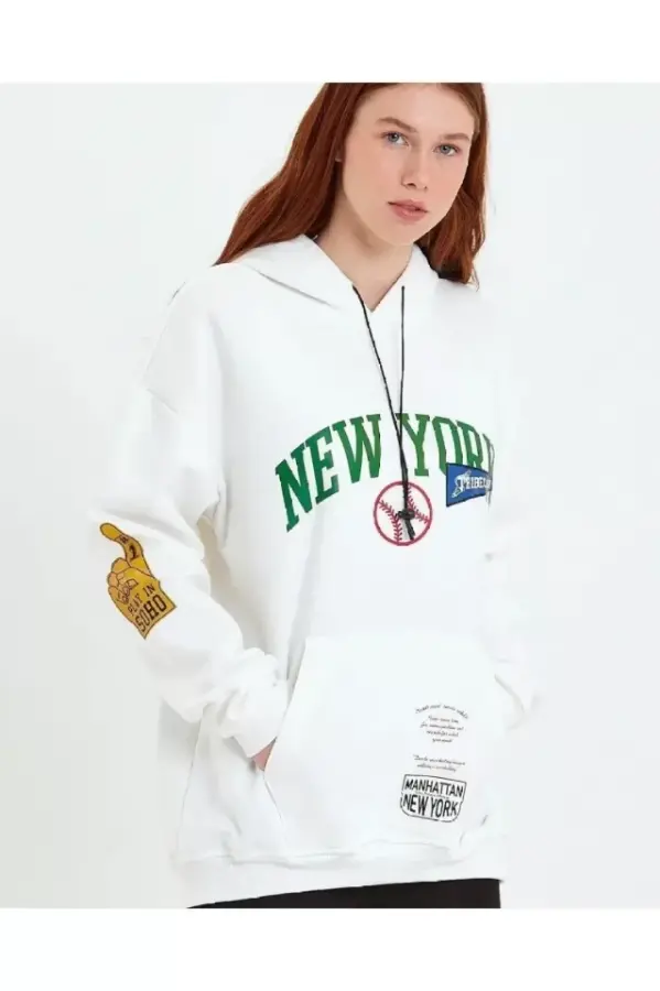 Baskılı Kapüşonlu Sweatshirt - Beyaz - 2