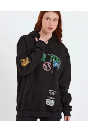 Baskılı Kapüşonlu Sweatshirt - Siyah - 2