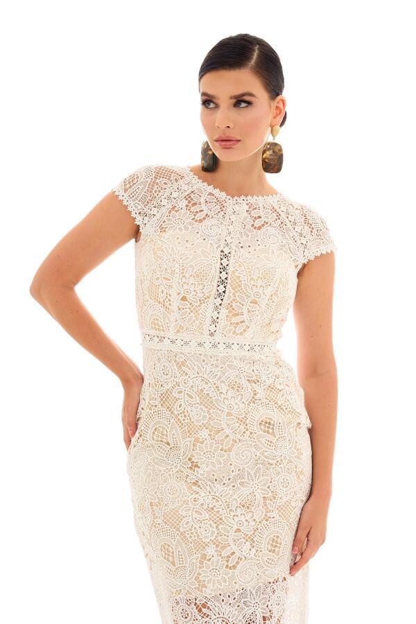 Beige Lace Short Sleeve Wedding Dress - 1