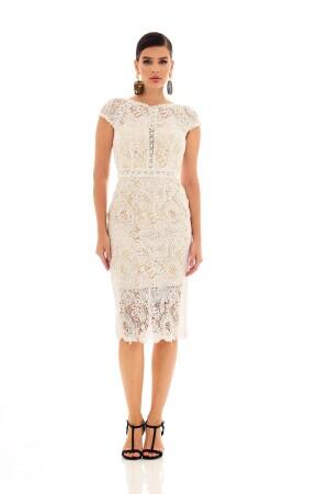 Beige Lace Short Sleeve Wedding Dress - 2