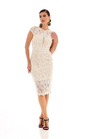 Beige Lace Short Sleeve Wedding Dress - 3