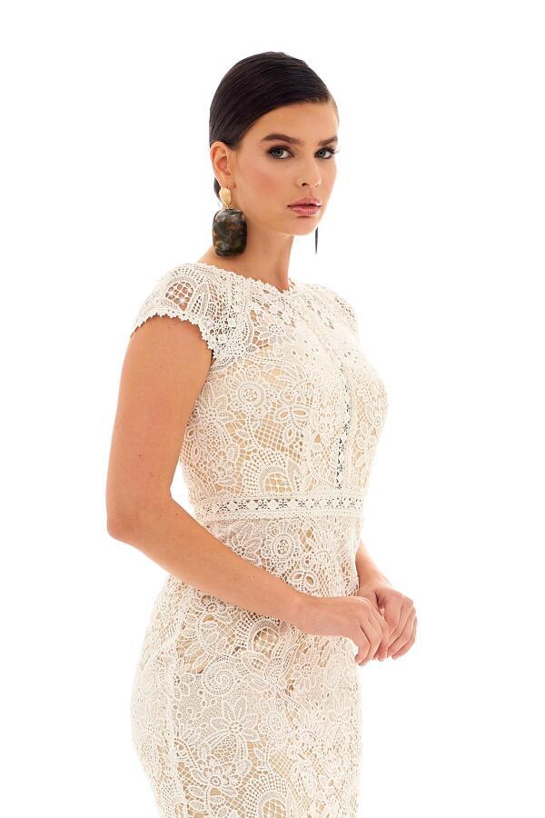 Beige Lace Short Sleeve Wedding Dress - 4