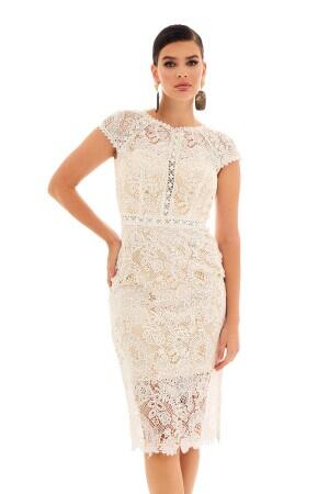 Beige Lace Short Sleeve Wedding Dress - 5