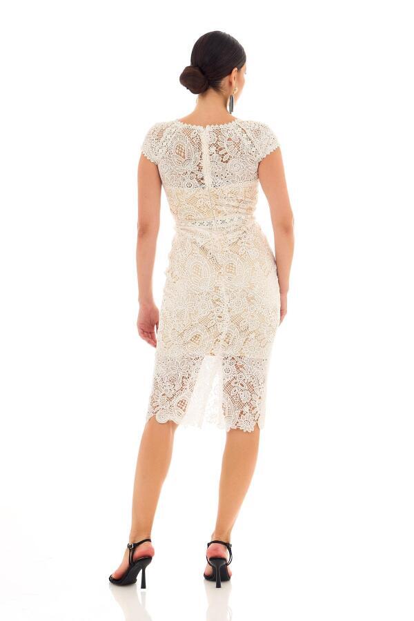 Beige Lace Short Sleeve Wedding Dress - 6