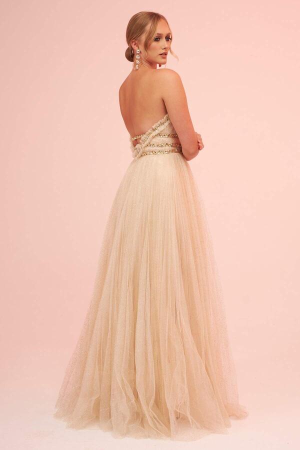 Beige Strapless Backless Tulle Engagement Dress - 4