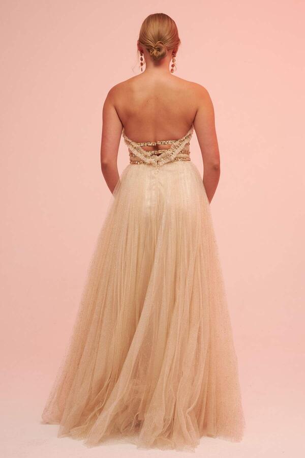 Beige Strapless Backless Tulle Engagement Dress - 5