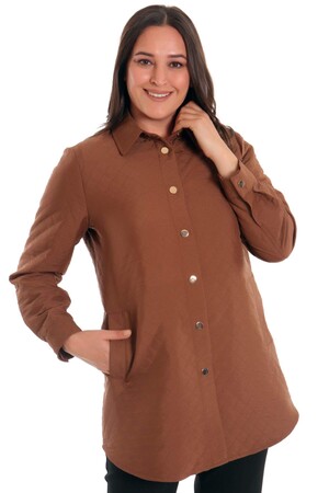 Plus Size Snap Button Diamond Pattern Brown Jacket - 1