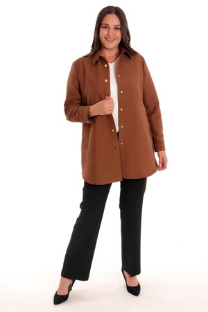 Plus Size Snap Button Diamond Pattern Brown Jacket - 2