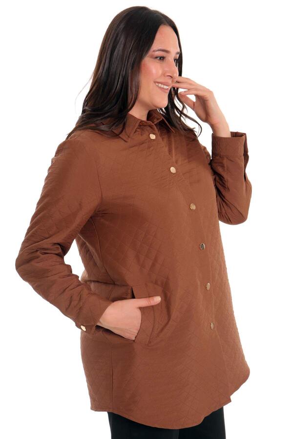 Plus Size Snap Button Diamond Pattern Brown Jacket - 3