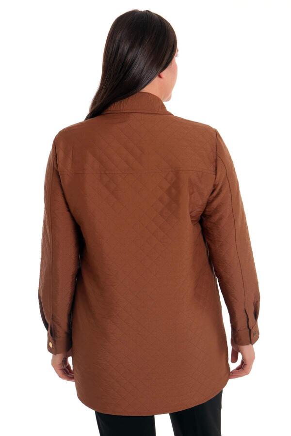 Plus Size Snap Button Diamond Pattern Brown Jacket - 4