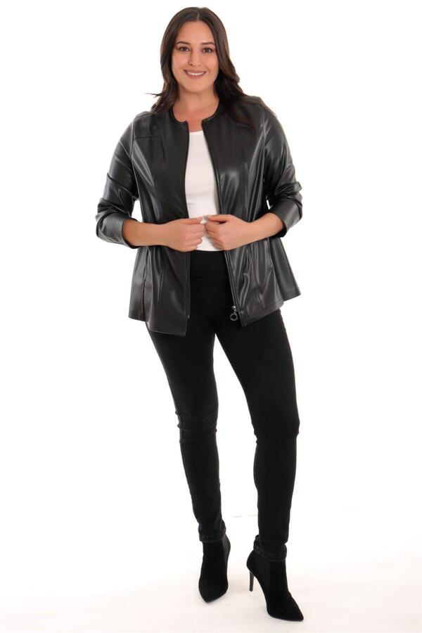 Large Size Zippered Black Leather Jacket - 2