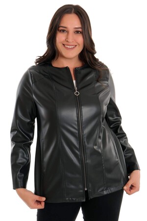 Large Size Zippered Black Leather Jacket - 3