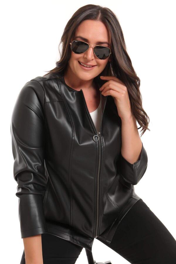 Large Size Zippered Black Leather Jacket - 4