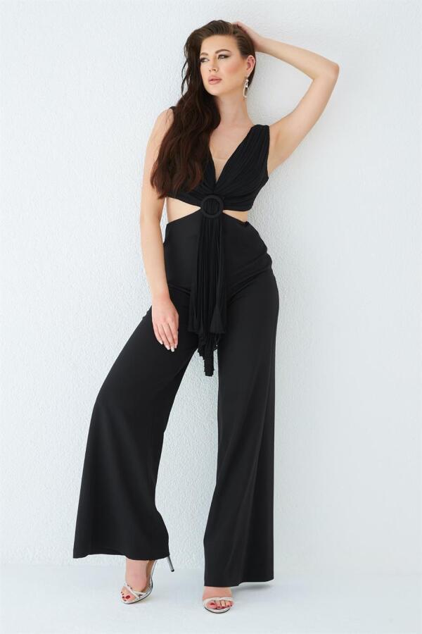 Black Belly Low-cut Buckle Jumpsuit - 1