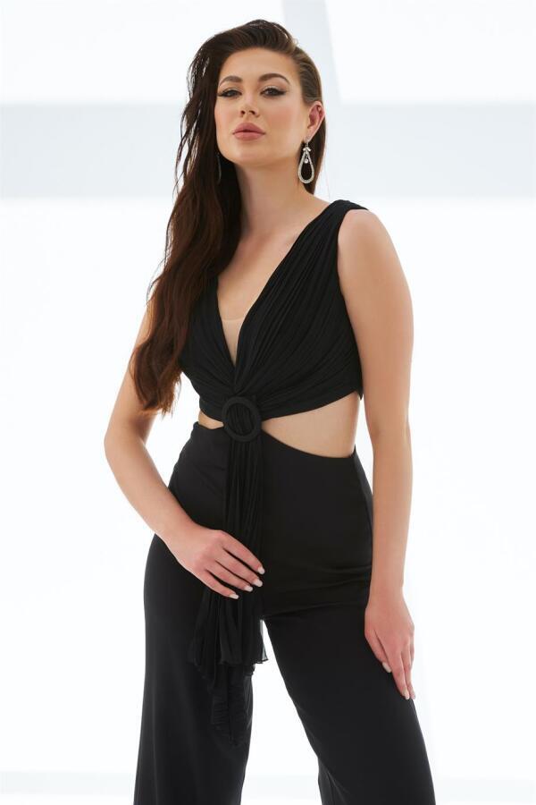 Black Belly Low-cut Buckle Jumpsuit - 2