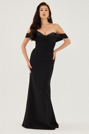 Black Crepe Pearl Embroidered Long Prom Dress - 1