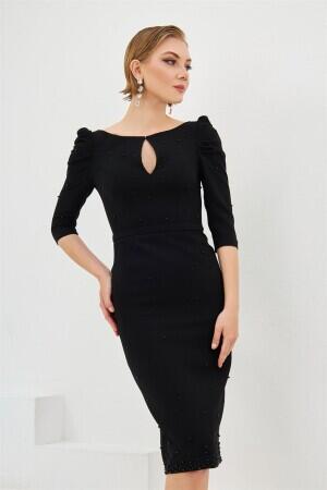 Black Crepe Pearl Embroidered Midi Evening Dress - 2