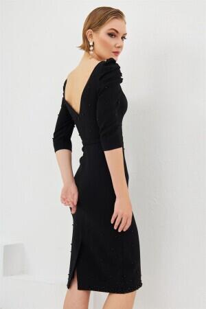 Black Crepe Pearl Embroidered Midi Evening Dress - 3