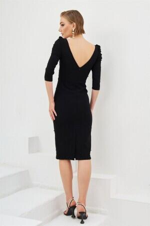 Black Crepe Pearl Embroidered Midi Evening Dress - 4