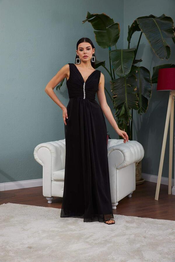 Black Chiffon Collar Stone Long Evening Dress and Invitation Dress - 2